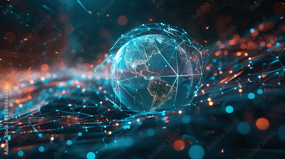 Digital Network Globe with Blue and Orange Connected Dots on Dark Background Digital Network Globe with Blue and Orange Connected Dots on Dark Background
