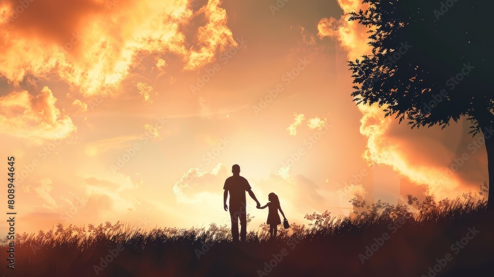 silhouette father with little daughter walk at sunset. father's day background concept