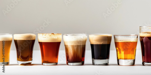 Assortment of fresh brewed coffee in glass cups. Different types of coffee background.
