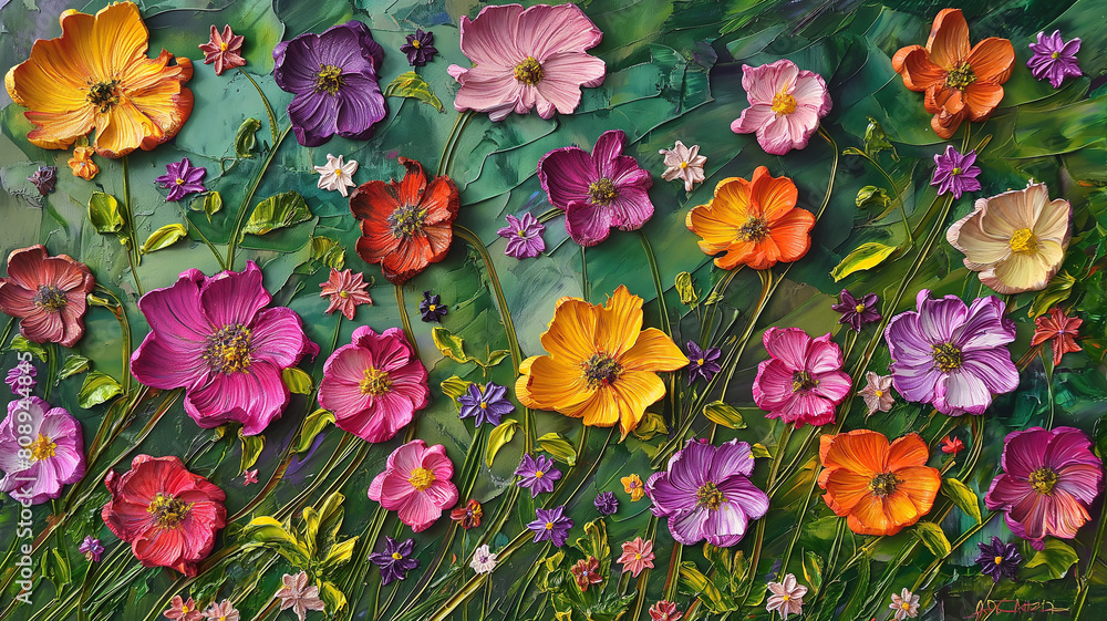 Colorful Blossom Cosmos flowers pattern at garden in artistic oil painting. Summer art illustration.