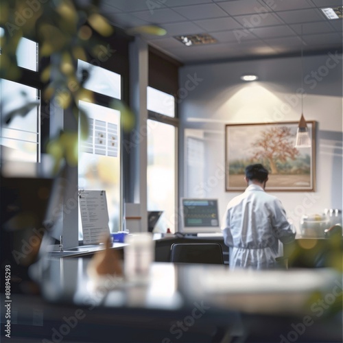 a man working in a large office with a plant in the foreground © LUPACO C