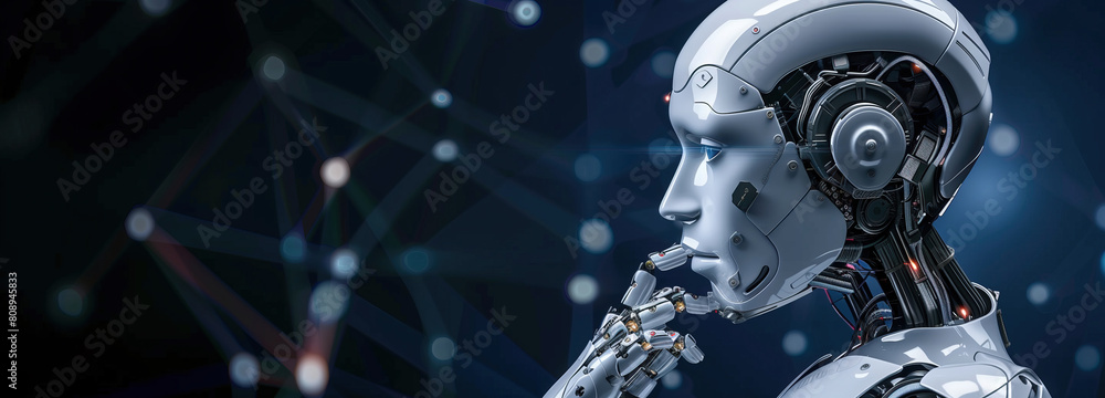 Contemplative humanoid android reflecting on artificial intelligence amidst network nodes. A sophisticated android lost in thought, with a backdrop symbolizing AI contemplation Contemplative humanoid android reflecting on artificial intelligence amidst network nodes. A sophisticated android lost in thought, with a backdrop symbolizing AI contemplation