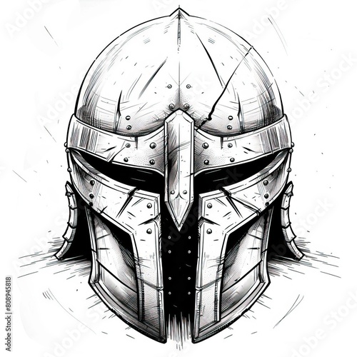 ornate helmet with a dark visor. The helmet is made of metal and has a design. photo