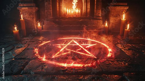 Glowing Red Pentagram Ritual Circle on Ancient Stone Floor in Dark Crypt with Candles photo