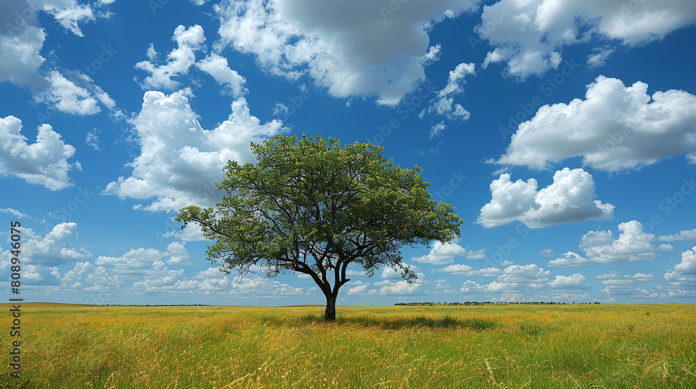 Solitary Green Tree in Vast Golden Grass Field Under Blue Sky with ...