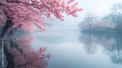 Misty Lake View with Pink Cherry Blossoms Reflection and Serene Waters