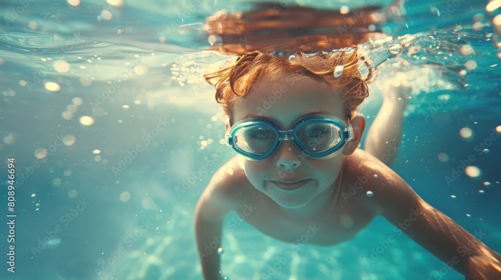 a young boy swimming in a pool wearing goggles