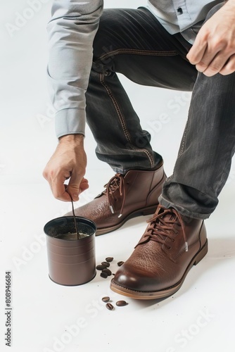 A man is sitting on the floor with a can of coffee beans. He is wearing brown shoes and jeans. The man is holding a spoon in the coffee can.