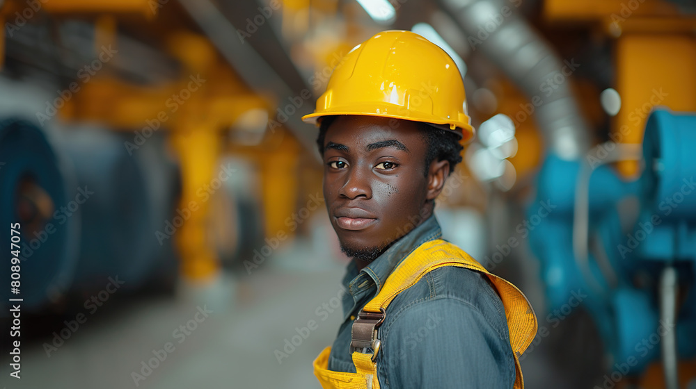 A man wearing a yellow helmet and safety vest stands in front of a blue machine A man wearing a yellow helmet and safety vest stands in front of a blue machine
