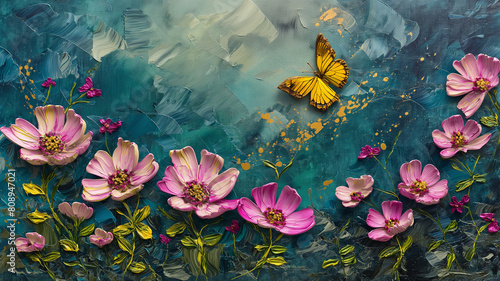 Pink Blossom  flowers pattern with yellow butterfly in artistic oil painting. Summer art illustration.