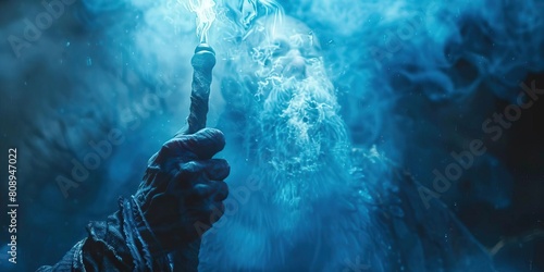 Blue smoke curling around a mysterious figure's hand holding a glowing orb. photo