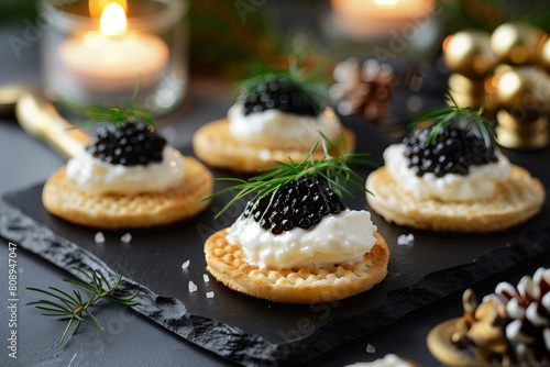 A luxurious New Year's Eve caviar spread. Luxurious caviar stop creme fraiche served on blinis, accompanied by champagne and candlelight for a refined celebration.