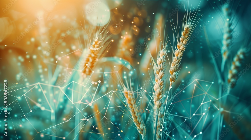 Fototapeta premium Spikes of wheat against a background of charts and diagrams symbolising economic growth through harvesting