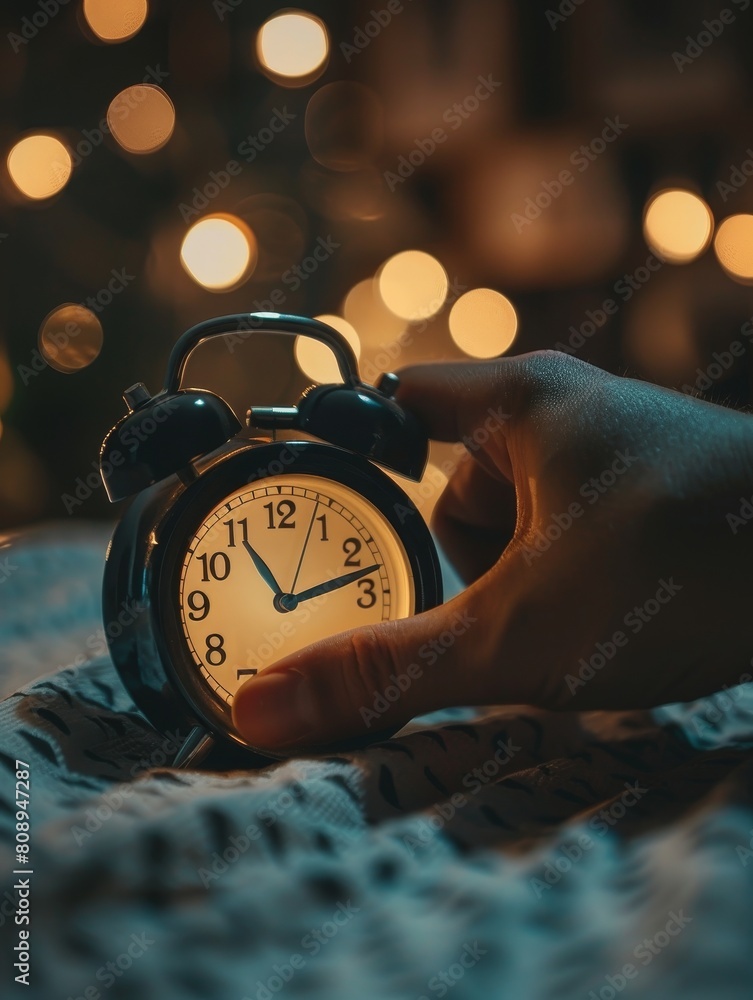 Φωτογραφία The dim light of dawn gently illuminates a hand reaching for a vintage alarm clock, a quiet moment in the early morning hours