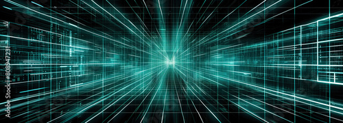Journey through the digital cosmos  a hyperspace tunnel in virtual reality. A digital representation of a tunnel with a blue and green color scheme  simulating a futuristic travel experience
