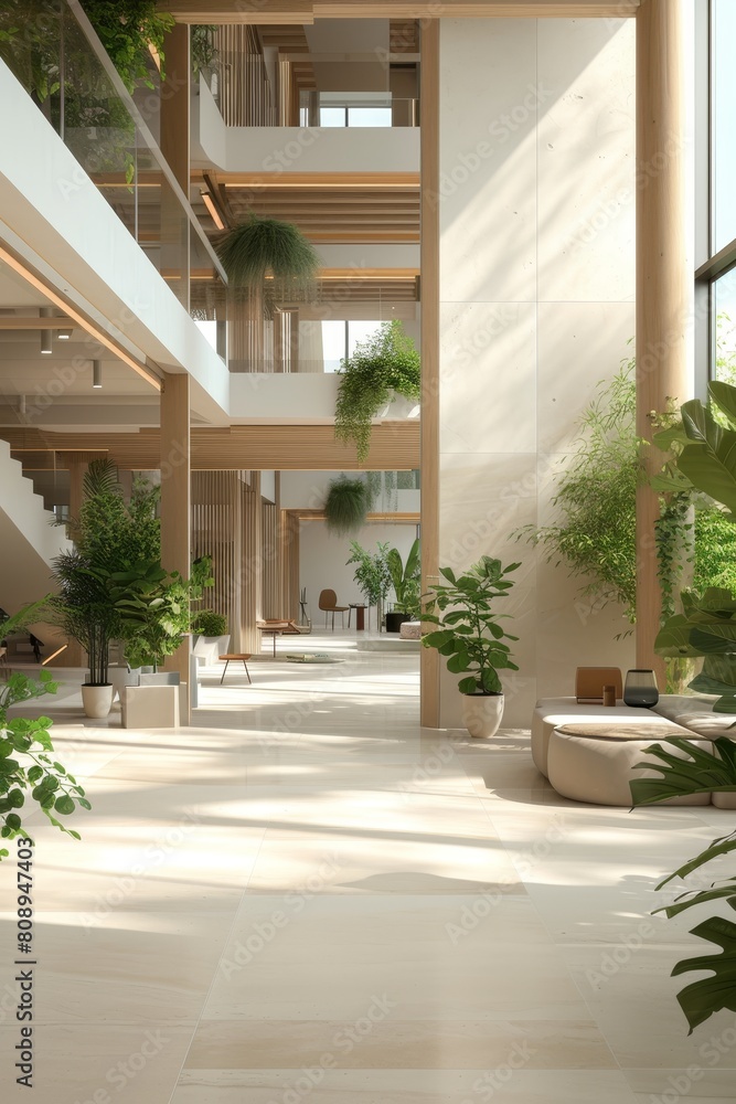 The interior of a modern atrium filled with natural light and verdant plants. The architectural design showcases a harmonious blend of wood, glass, and greenery, creating a tranquil urban oasis.