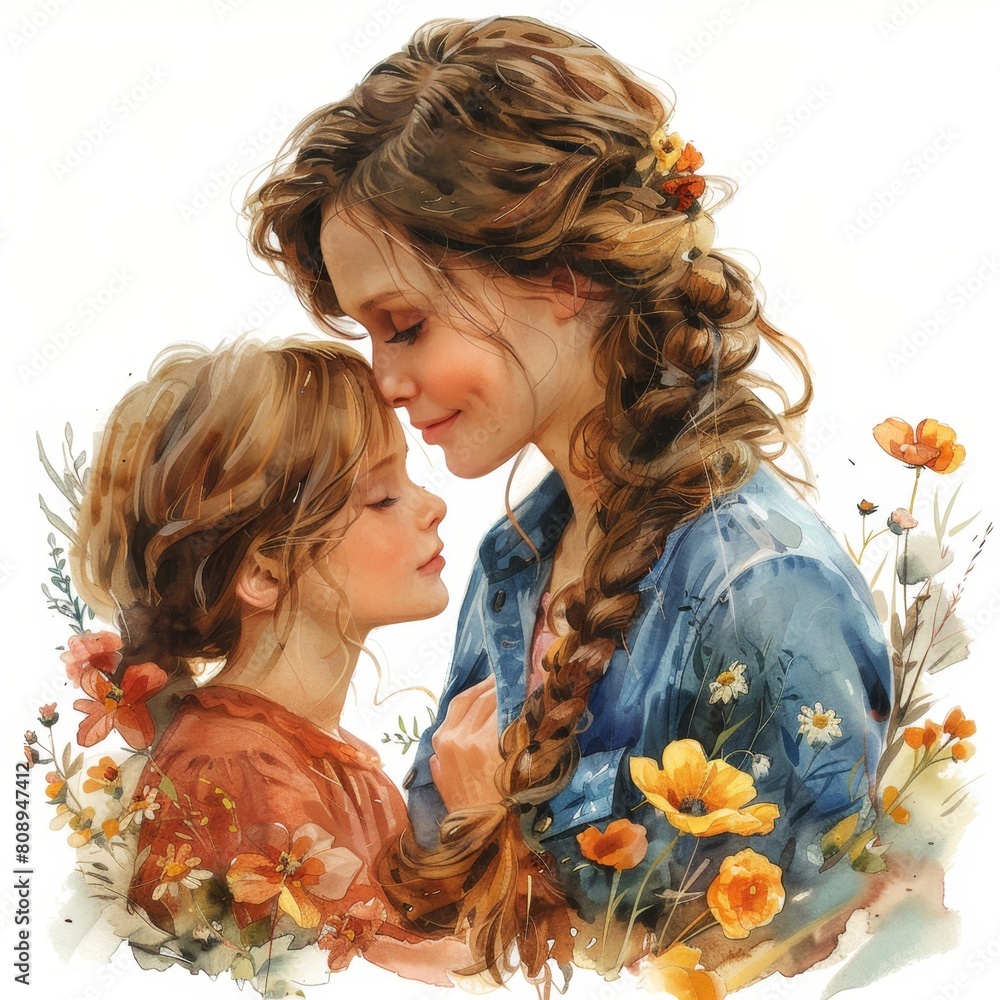 Naklejka premium a woman and a child with flowers in the background
