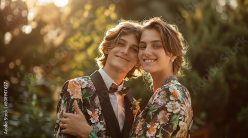 A portrait of LGBTQ couple going to a high school prom together in a matching suit and dress. Stock Photo photography