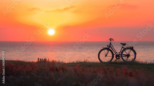 bicycle, sunset horizon, with copy space. world bicycle day background concept © Otseira
