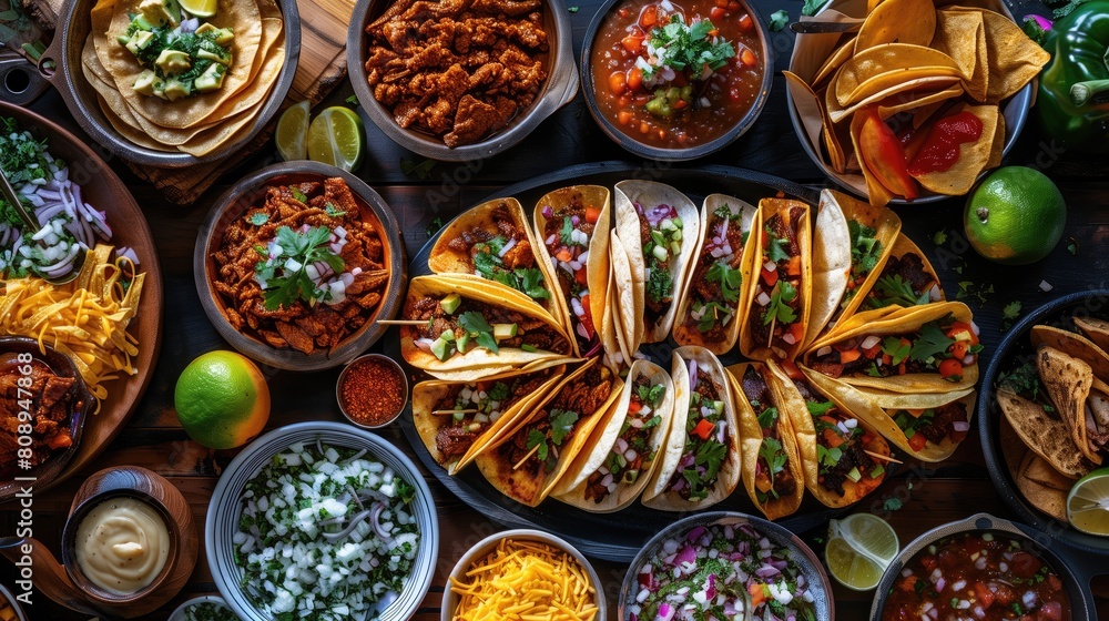 Top view of mexican food with tacos in bowls on wooden table. Top view of mexican food with tacos in bowls on wooden table.