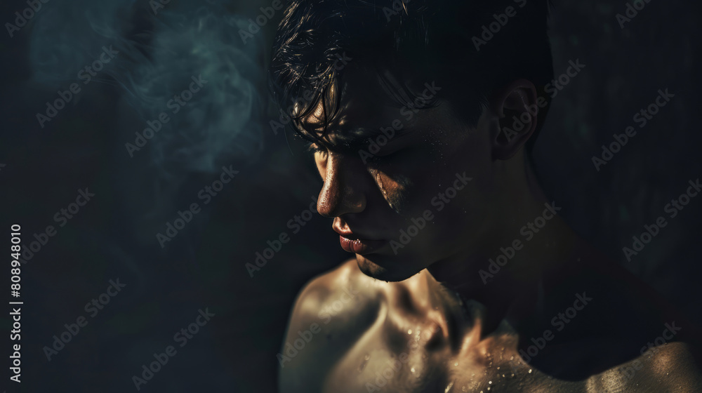 Emotional portrait of a young man appearing stressed and reflective Emotional portrait of a young man appearing stressed and reflective