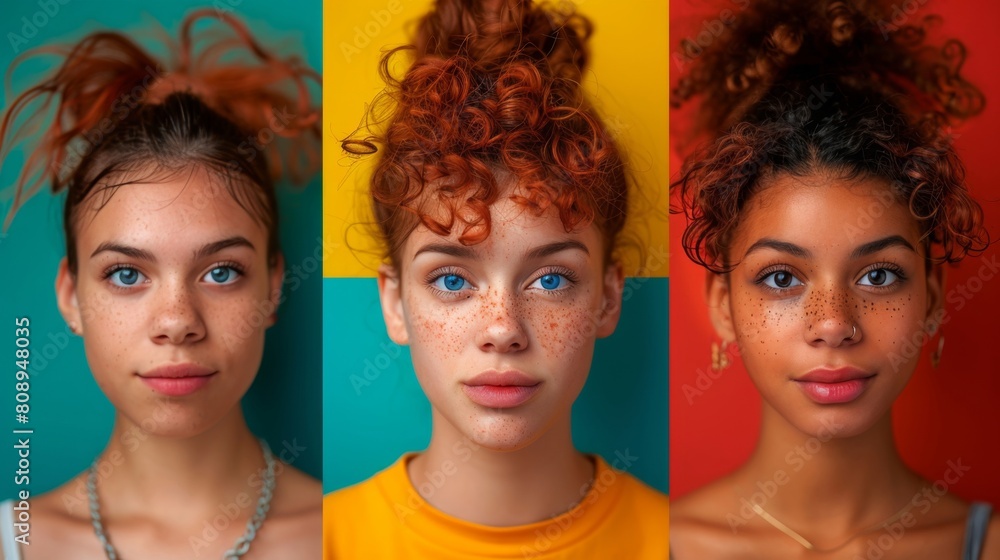 Fototapeta premium a woman with freckles and blue eyes and a yellow shirt