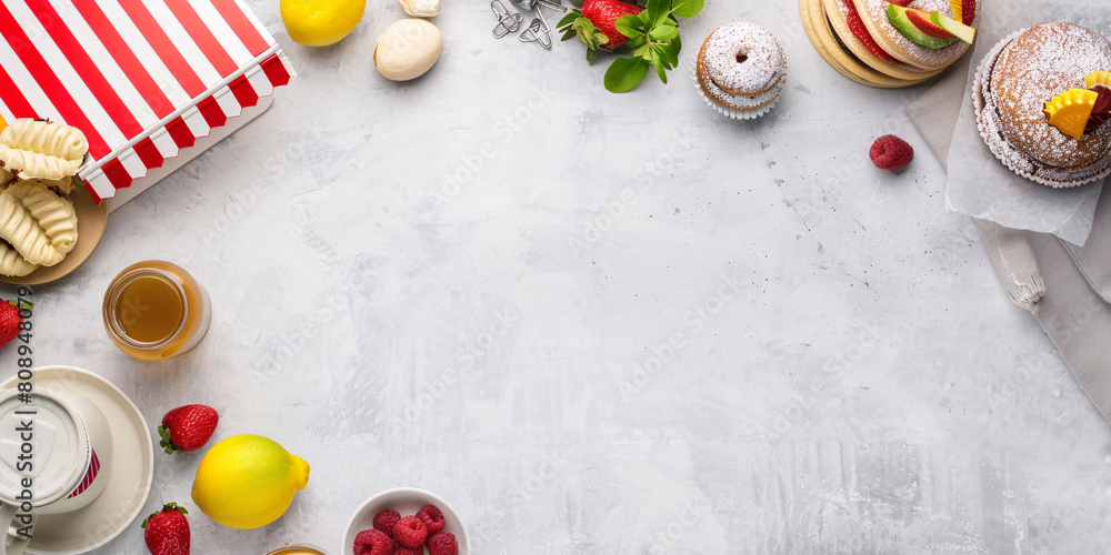 Flat lay composition with tea, sweets and fruits on grey background. Top view with copy space Flat lay composition with tea, sweets and fruits on grey background. Top view with copy space