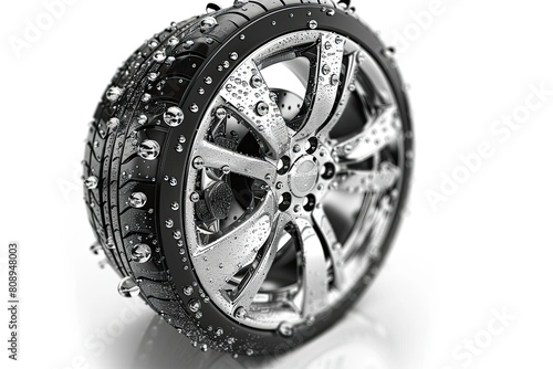 luxury tire with elegant silver velg and droplets of water isolated on white background 