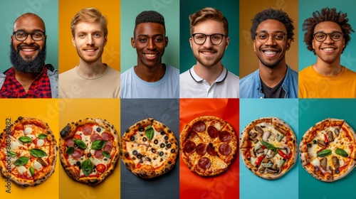 a group of people posing for a photo with different pizzas