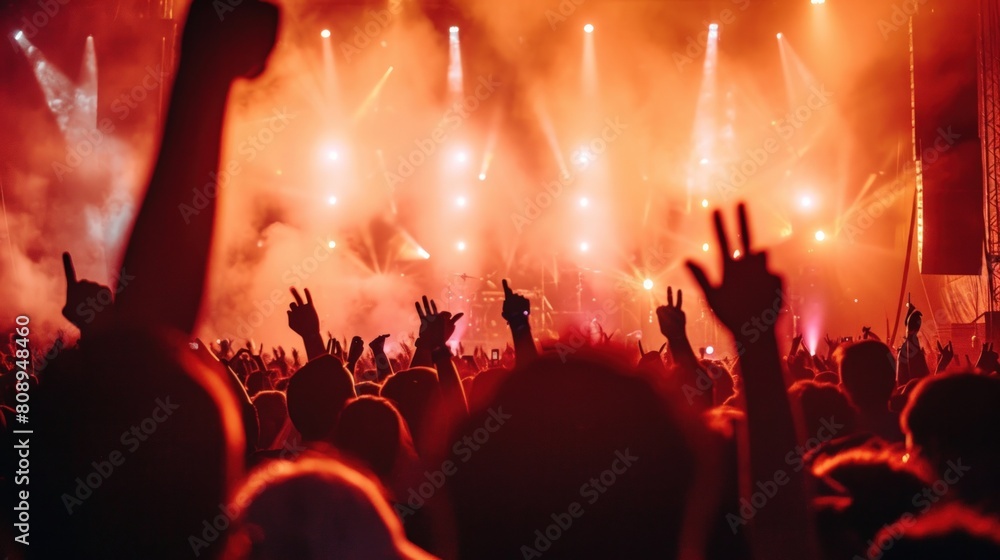 Crowd cheering at a music festival and raising hands to the sky. Crowd cheering at a music festival and raising hands to the sky.