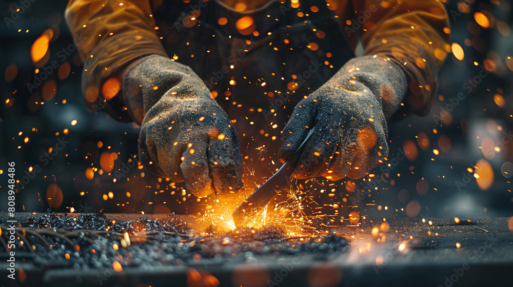 Close up of skilled worker welding in industrial workshop with sparks flying Close up of skilled worker welding in industrial workshop with sparks flying