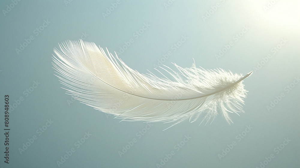 Obraz premium Single White Feather Floating Gracefully Against a Soft Blue Sky Background