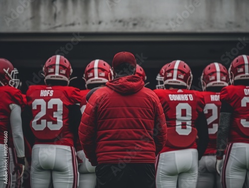 A group of football players are lined up in front of a coach. The coach is wearing a red jacket and is looking at the players