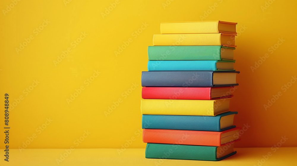 Brightly Colored Books Stacked on Yellow Background Representing Learning and Knowledge Brightly Colored Books Stacked on Yellow Background Representing Learning and Knowledge