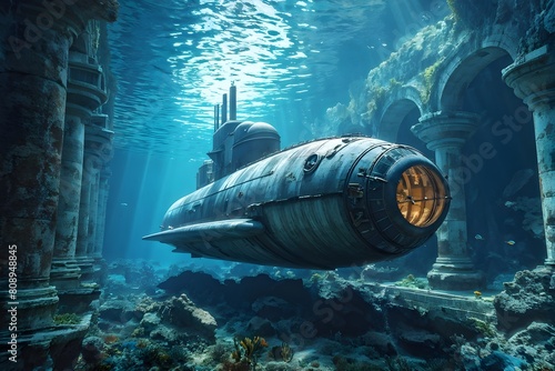 Altes U-Boot in einer versunkenen Stadt unter Wasser photo