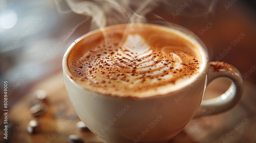 Steaming Hot Cappuccino with Artful Foam Leaf Design on Wooden Table Steaming Hot Cappuccino with Artful Foam Leaf Design on Wooden Table