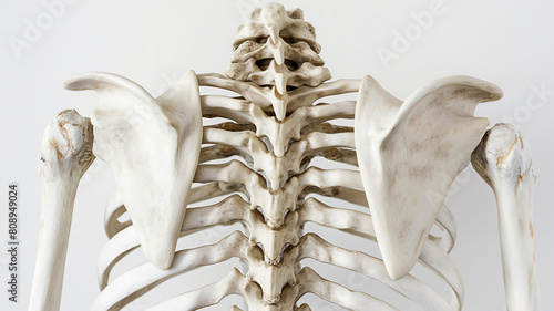 Close-up of a human skeleton's upper back and shoulders, displaying the intricate details of the spine, scapulae, and ribs. 