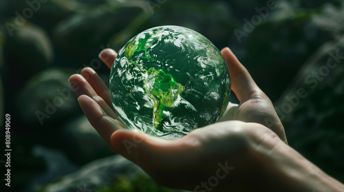 A person is holding a green sphere in their hand. The sphere is surrounded by green grass and trees. Concept of harmony and balance between nature and humanity