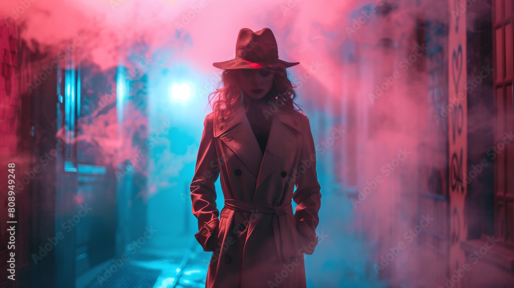 Mysterious Woman in Red Hat and Trench Coat at Night with Blue and Pink Neon Lights