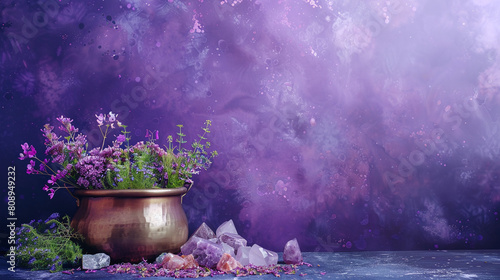 Mystical Purple Haze Background with Brass Pot and Wildflowers on Wooden Surface