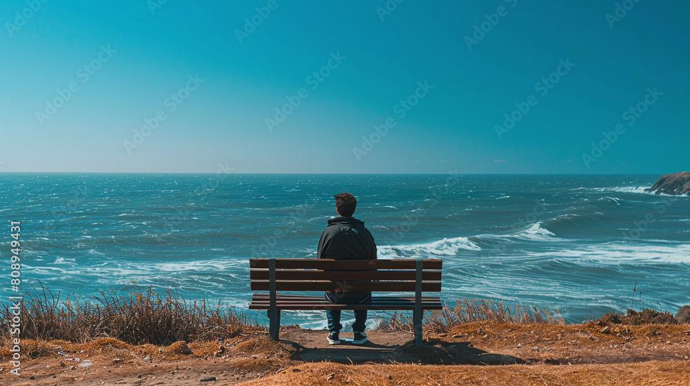 Man Sitting Alone on Bench Overlooking Ocean Waves and Cliff Under Blue Sky