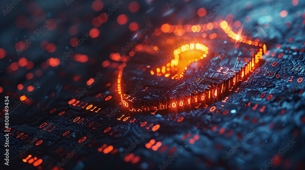 Glowing Red Question Mark on Dark Digital Binary Code Background Technology Concept Glowing Red Question Mark on Dark Digital Binary Code Background Technology Concept