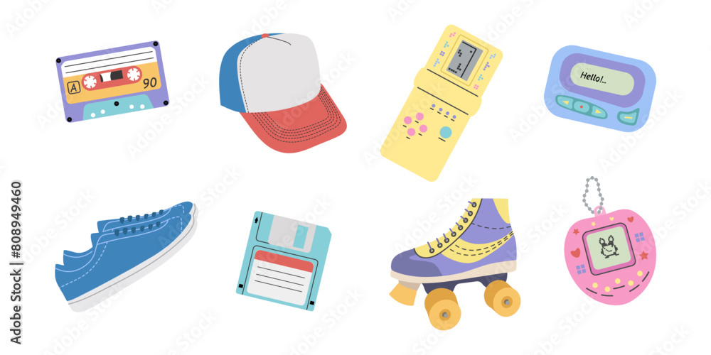 Classic y2k, 90s and 2000s aesthetic. Flat style set of vintage elements. Hand drawn vector illustration. Patch, sticker, badge, emblem. Classic y2k, 90s and 2000s aesthetic. Flat style set of vintage elements. Hand drawn vector illustration. Patch, sticker, badge, emblem.