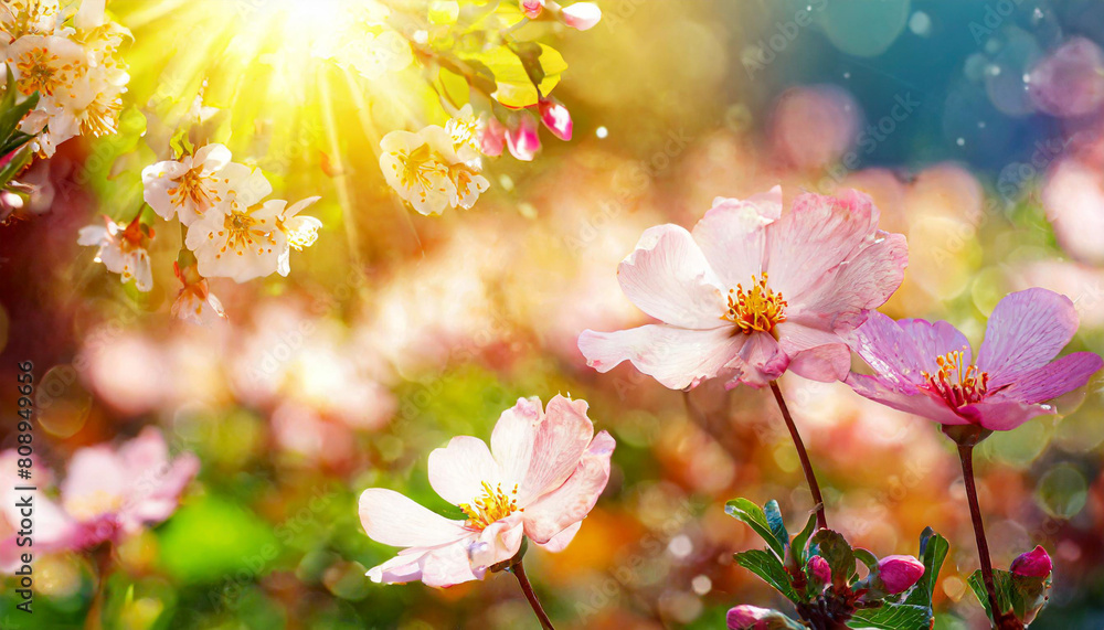 A field of delicate pink flowers under a dawn sky, with the sun's rays creating a soft, dreamlike quality perfect for backgrounds and nature themes.