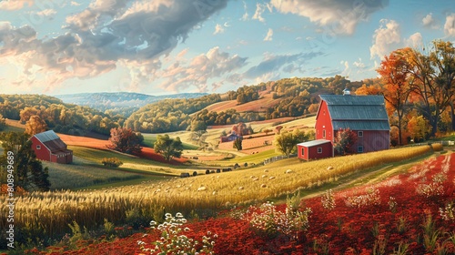 A panoramic illustration capturing the serene beauty of a rural farm landscape. Rolling hills, colorful fields, red barns, and a traditional atmosphere come to life