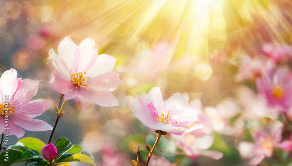 A field of delicate pink flowers under a dawn sky, with the sun's rays creating a soft, dreamlike quality perfect for backgrounds and nature themes.