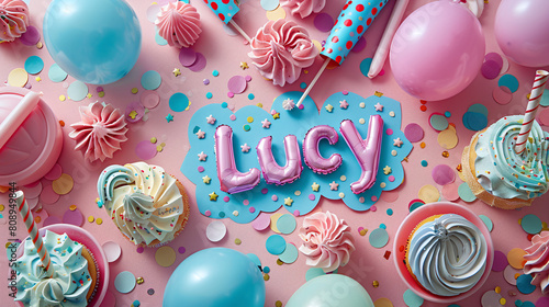 Pink and Blue Birthday Party Decorations with Cupcakes Balloons and Confetti for Lucy