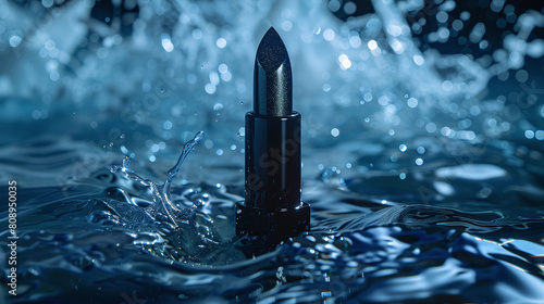 Black Lipstick Emerging from Rippling Blue Water with Splashes Beauty Concept photo
