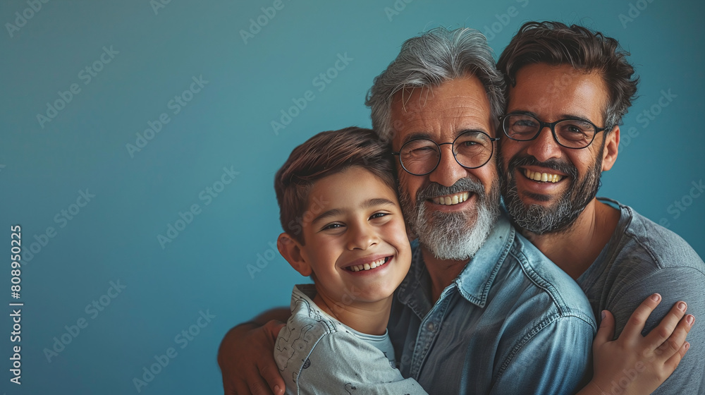 Three Generations of Joy - Smiling Boy, Father, and Grandfather in Blue, Family Happiness Concept on Light Blue Background Three Generations of Joy - Smiling Boy, Father, and Grandfather in Blue, Family Happiness Concept on Light Blue Background