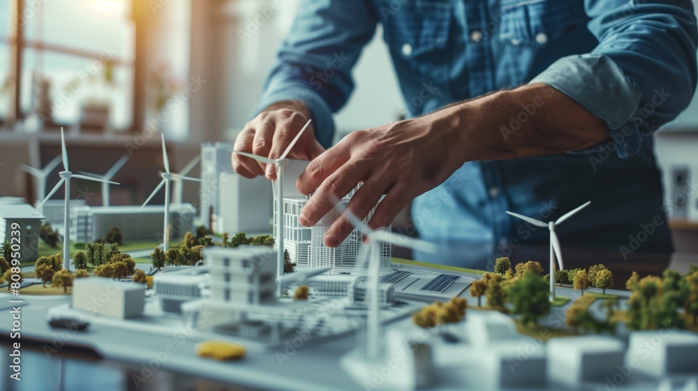 A male engineer makes a mock-up of a wind farm in the city A male engineer makes a mock-up of a wind farm in the city